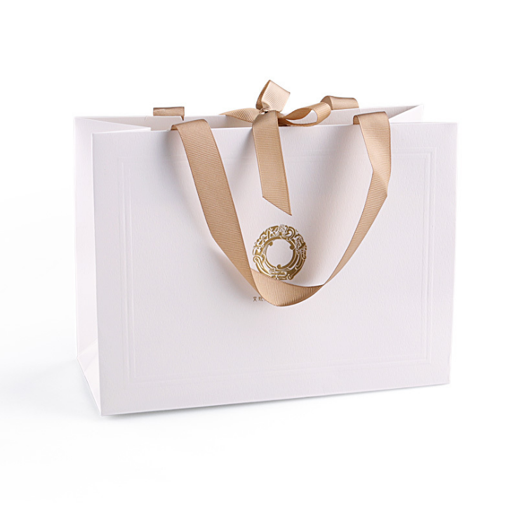 Custom Luxury Ribbon Handtag Vit kartong Fraktförpackning papperspåse